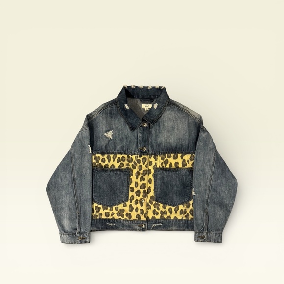 Easel Denim Jacket M Leopard Panel Distressed Button Front Medium Wash - Picture 2 of 5